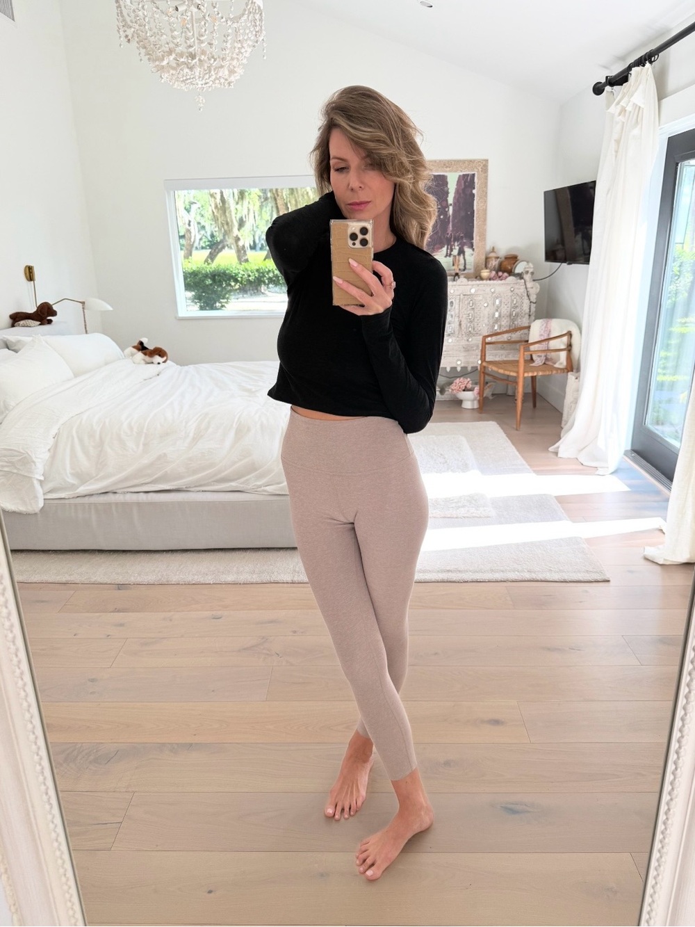 Beyond Yoga Ribbed High-Waist Leggings in Mauve Taupe, with long sleeve top.
